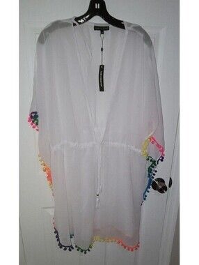 NWT CLUB Z COLLECTION RAINBOW POM POM TRIM WHITE BEACH COVERUP SIZE: 3X